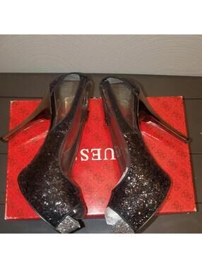 Guess Women's Black Glitter Peep Toe High Heel Pumps